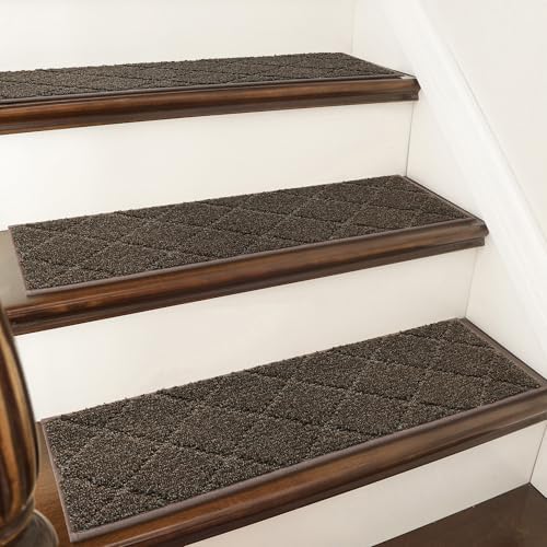 COSY HOMEER Edging Stair Treads Non-Slip Carpet Mat 28inX9in Indoor Stair Runners for Wooden Steps, Edging Stair Rugs for Kids and Dogs, 100% Polyester TPE Backing (7pc, Brown)