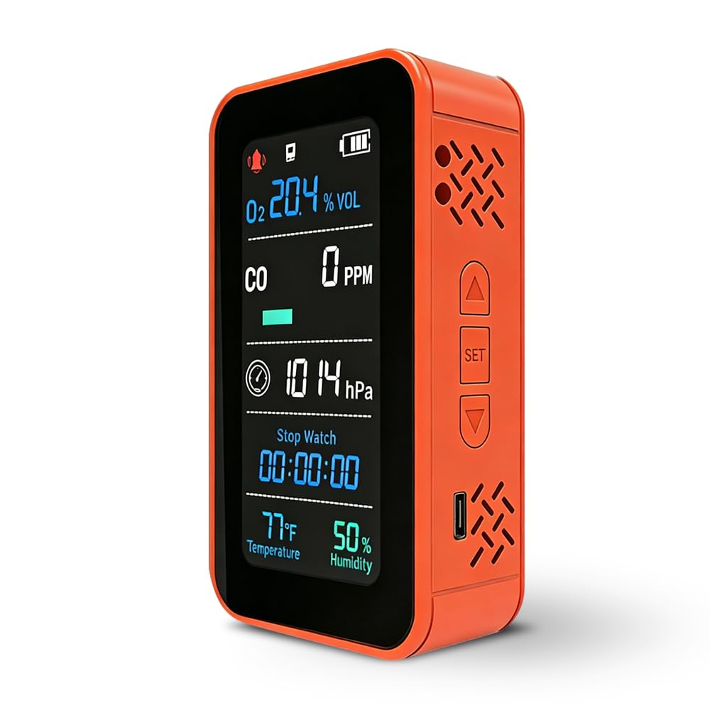 GZAIR 7-in-1 Portable Multi-Gas & Environmental Detector, O2/CO Monitor with Air Pressure, Temperature & Humidity Sensors, 3000mAh Rechargeable Device with SD Data Logging, Flashlight & Stopwatch
