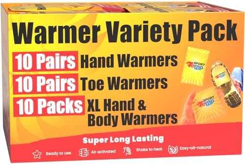 Hand, Toe, & XL Body and Hand Warmers - Variety Pack, 10 Pairs Hand Warmers, 10 Pairs Toe Warmers with Adhesive, 10 XL Hand & Body Warmers - Air Activated - Odorless Hot Hand - Sport Temp
