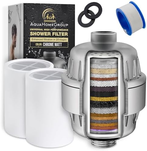 AquaHomeGroup 20 Stage Shower Head Filter with Vitamin C E A for Hard Water - High Output Filter to Remove Chlorine and Fluoride - 2 Replacement Cartridges - Consistent Flow Showerhead Filter