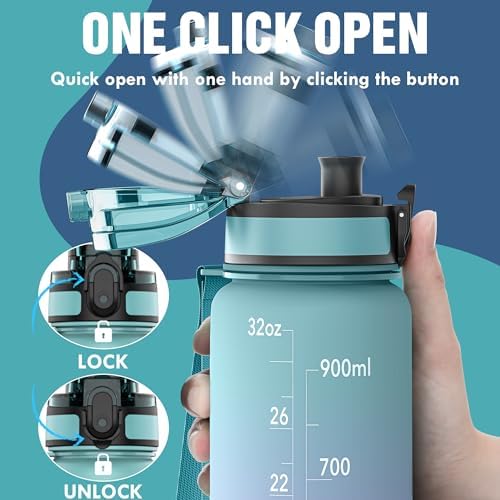 OLDLEY Water Bottle, 32oz Motivational Sports Water Bottle with Time Marker - Times to Drink - Tritan, BPA Free, Wide Mouth Leakproof, Glacier (1 Bottle)
