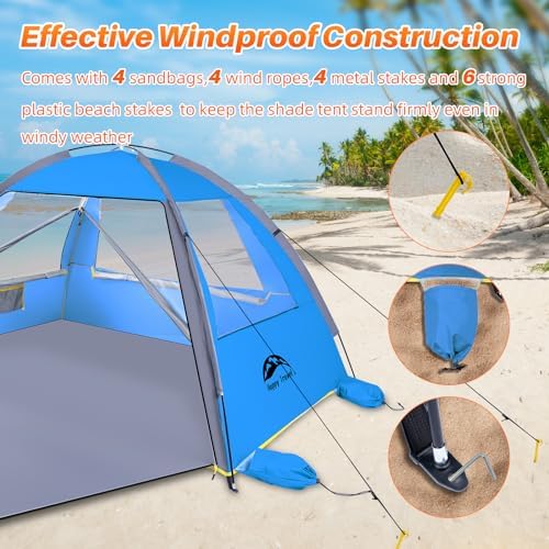 Happy Travel Beach Tent, UPF 50+ UV Protection Sun Shade Shelter for 3/4/5/6/7/8 Person, Portable Beach Canopy for Family & Baby, Lightweight & Easy Setup Beach Cabana with 3 Ventilation Mesh Windows