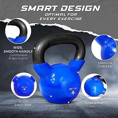Yes4All 5-65lbs Kettlebells Vinyl Coated Cast Iron for Dumbbell Weights Exercises, Gym, Fitness, Full Body Workout Equipment Push up, Grip and Strength Training