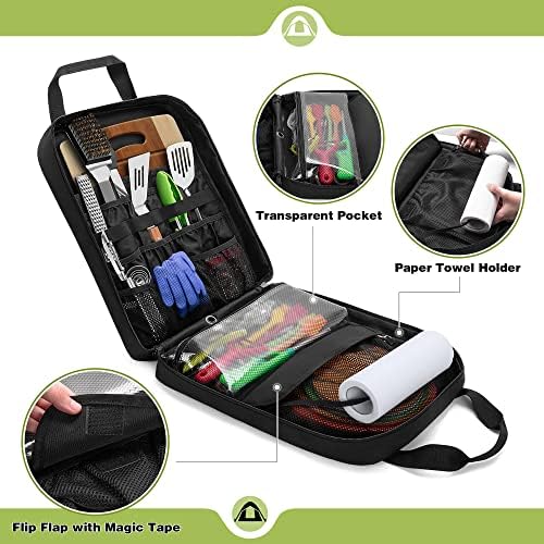 Hanging Camp Utensil Organizer with Towel Paper Holder, Portable Camping Kitchen Cookware Bag for Knives, Forks, Spoons & More, Outdoor Cooking Tools Storage Box for Travel & Hiking, Bag Only