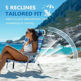 5-Position Aluminum Lay Flat Tall Backpack Beach Chairs 2 Pack, Compact Portable Beach Chairs for Adults with Cooler Pouch, Storage Pouch, Towel Bar, Cup Holder & Phone Holder, Blue Stripe
