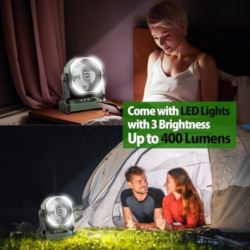 20000mAh Camping Fan, Rechargeable Portable Fan with 400 Lumes Light, 360° Rotatable Hook, 270° Pivot, 4 Speeds, 58Hrs Battery Powered for Tent Car Trip Outdoor BBQ Hurricane Power Outages