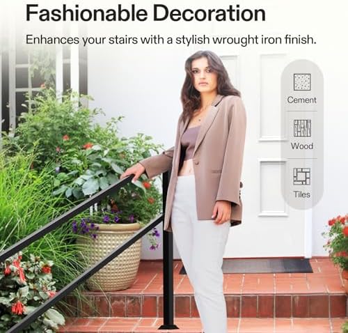 VIVOSUN Outdoor Handrail, 6-7 Step Stair Handrail, 83" x 36" Fits 1 to 7 Steps, Wrought Mattle Iron Handrail for Concrete Steps, Porch Steps, Black, HR-0004