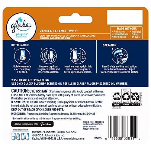 Glade PlugIns Refills Air Freshener, Scented and Essential Oils for Home and Bathroom, Vanilla Caramel Twist, 3.35 Fl Oz, 5 Count