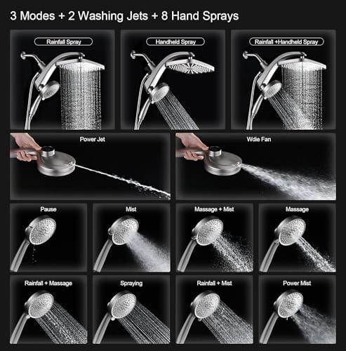High Pressure Rain Shower Head: Upgrade Shower Heads with Handheld Spray Combo with Fixed Showerhead and 10 Sprays Handheld Shower Head, Detachable Showerheads Built-in Magnetic Docking and Power Jets