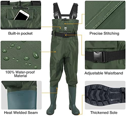 TIDEWE Bootfoot Chest Wader, 2-Ply Nylon/PVC Waterproof Fishing Hunting Waders with Boot Hanger for Men Women Green Brown