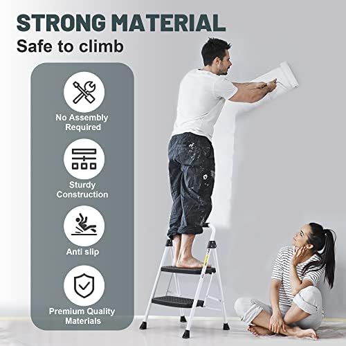 SocTone 2 Step Ladder, Folding Step Stool for Adults with Handle, Lightweight, Perfect for Kitchen& Household, 500lbs Capacity Sturdy Steel Ladder, White
