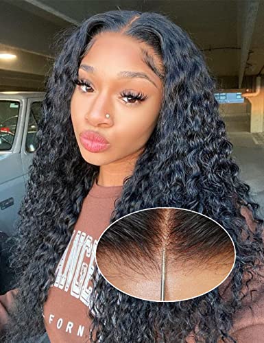 24 inch Glueless Wigs Human Hair Pre Plucked Pre Cut 7X5 HD Lace Upgrade Invisible Knots Wear and Go Deep Wave No Glue Lace Wig, Glueless Wig Human Hair Wigs Natural black 200% Density