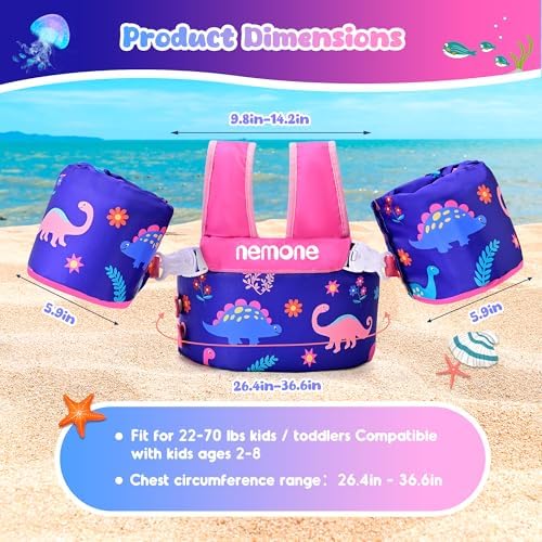 NEMONE Toddler Swim Vest for 22-70 lbs Kids Floaties Swim Jacket with Arm Water Wings for Girls Boys 2 3 4 5 6 7 Years Old Sea Beach Pool
