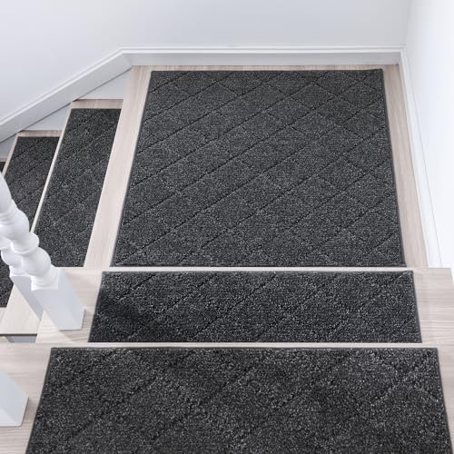 COSY HOMEER Edging Stair Treads Non-Slip Corner Indoor Stair Runners for Wooden Steps,Landing Slip Resistant Stair Rugs Mat for Kids and Dogs,100% Polyester TPE Backing,Black,30x30 inch
