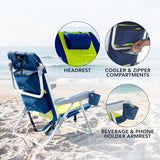 CARIBBEAN JOE Folding Beach Chair, 5 Position Portable Backpack Foldable Camping Chair with Headrest, Cup Holder, and Armrests, Navy/Green