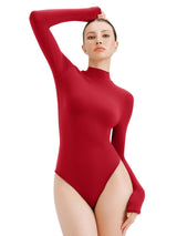 REORIA Women's Long Sleeve Bodysuits Mock Turtleneck Slim Tight Double Lined Basic Layering Body Suits Tops Christmas Outfits 2025(Red Medium)