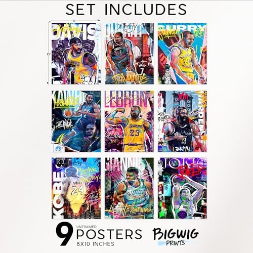 Bigwig Prints Basketball Posters for Boys Bedroom - Basketball Room Decor, Nba Posters, Steph Curry, Kobe Bryant Wall Art, Kevin Durant, Lebron James, Sports Art For Bedroom - Unframed Set of 9 (8x10)