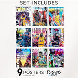 Bigwig Prints Basketball Posters for Boys Bedroom - Basketball Room Decor, Nba Posters, Steph Curry, Kobe Bryant Wall Art, Kevin Durant, Lebron James, Sports Art For Bedroom - Unframed Set of 9 (8x10)