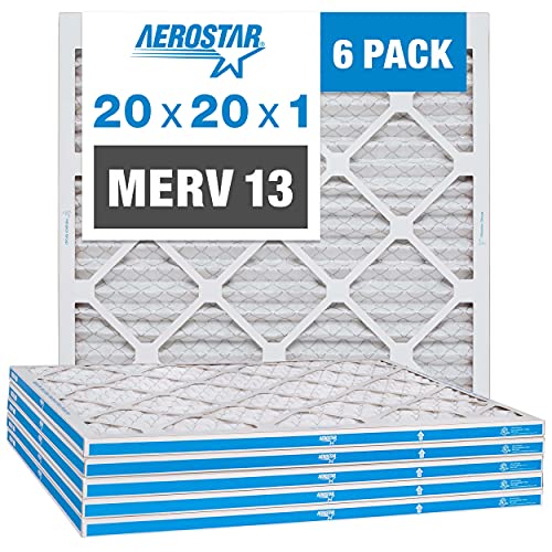 Aerostar 20x20x1 MERV 13 - 6 Count - Pleated HVAC, Furnace & Air Conditioner Filters - Removes Bacteria, Dust, Cold & Flu Germs, Lint, Mold, Pet Dander, Allergy-Causing Pollen, Smog, Smoke & Viruses