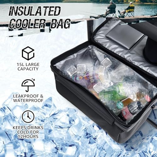 Fishing Chairs with Rod Holder, Folding Ice Fishing Chair for Adults Outdoor Camping Chair Leg Adjustable with Cooler Bag and Storage Bag for Ice Fishing, Camp, Lawn, Patio, Garden (Black)