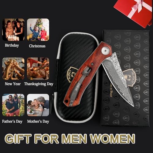 AUBEY Damascus Folding Pocket Knife Handmade with Clip for Men, Damascus Hunting Knife EDC Knife with Liner Lock for Outdoor Survival Camping Collection, Wooden Handle