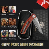 AUBEY Damascus Folding Pocket Knife Handmade with Clip for Men, Damascus Hunting Knife EDC Knife with Liner Lock for Outdoor Survival Camping Collection, Wooden Handle