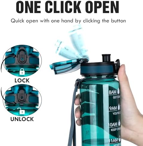 OLDLEY Water Bottle, 32oz Motivational Sports Water Bottle with Time Marker - Times to Drink - Tritan, BPA Free, Wide Mouth Leakproof, Deep Sea (1 Bottle)