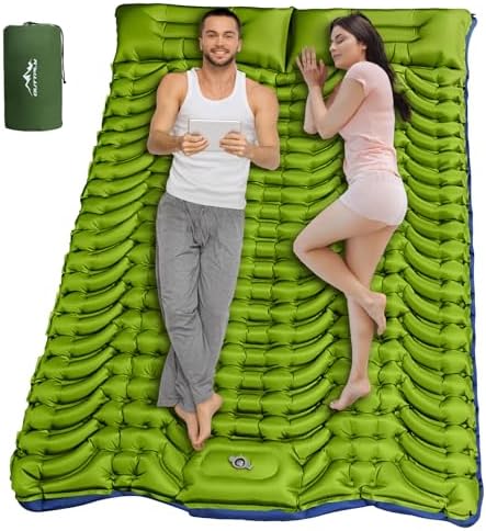Double Sleeping Pad for Camping, Self Inflating 4" Extra Thick Camping Sleeping Pad for 2 Person with Pillow, Built-in Foot Pump, Portable Sleeping Mat for Backpacking, Hiking, Travel Tent
