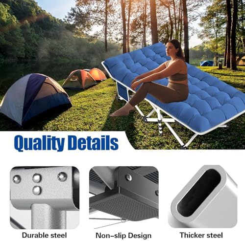 Cot Camping Cot with Thick Pad Cots for Sleeping Camping Bed Folding Cot 450LBS(Max Load) Comfortable Double Layer Oxford Heavy Duty with Carry Bag for Home Outdoor Travel