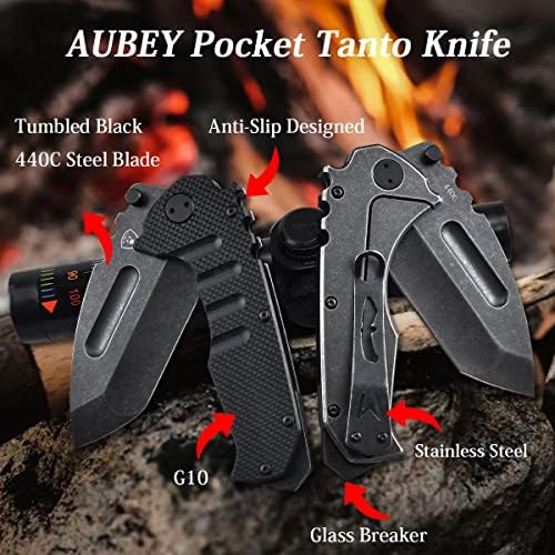 AUBEY Folding Pocket Knife with Tanto Tumbled 440C Steel Blade, Frame Lock, Black G10 Handle, Clip, Glass Breaker, Heavy Duty EDC Knife for Men Hunting, Magic Axe