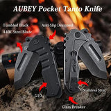 AUBEY Folding Pocket Knife with Tanto Tumbled 440C Steel Blade, Frame Lock, Black G10 Handle, Clip, Glass Breaker, Heavy Duty EDC Knife for Men Hunting, Magic Axe