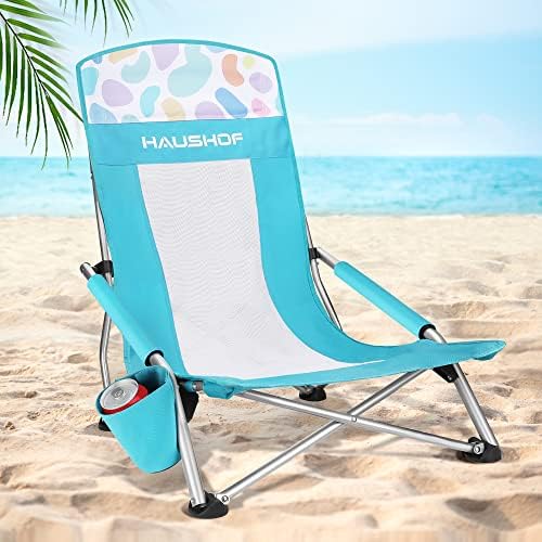 HAUSHOF High Back Beach Chair, Mesh Back Folding Chair, Lightweight Low Seat Camping Chairs with Cup Holder, Carry Bag, Padded Armrest for Outdoor Beach Lawn Camping Picnic Festival