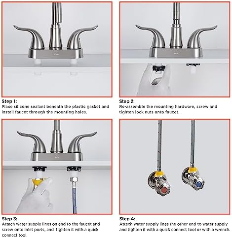 KPW Bathroom Sink Faucet 2 or 3 Hole Brushed Nickel Centerset 4 Inch Bathroom Sink Faucet 2 Handle Over ABS Non-Metallic Lavatory Bathroom Faucet with Pop up Drain Water Supply Hoses