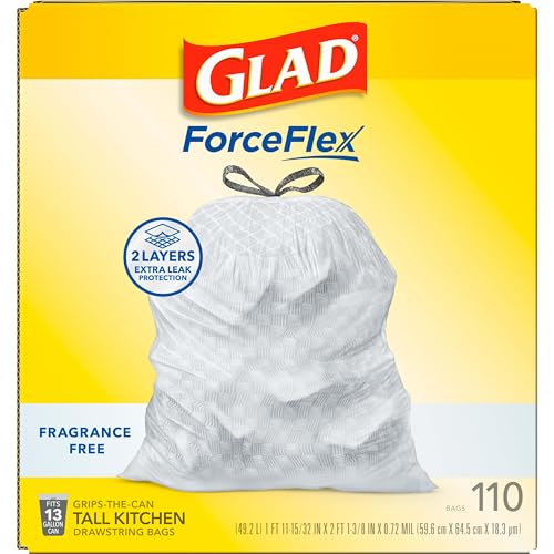 Glad Tall Kitchen Trash Bags 13 Gallon, Fragrance Free Garbage Bags, Odorshield with Drawstring, 110 Count