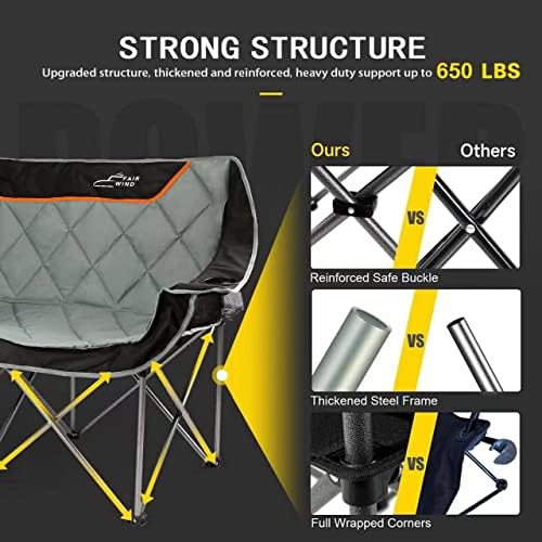FAIR WIND Oversized Fully Padded Camping Chair Folding Loveseat Camping Couch Double Duo Chair Heavy Duty Quad Fold Arm Chair with Cup Hold - Supports 650 LBS Black
