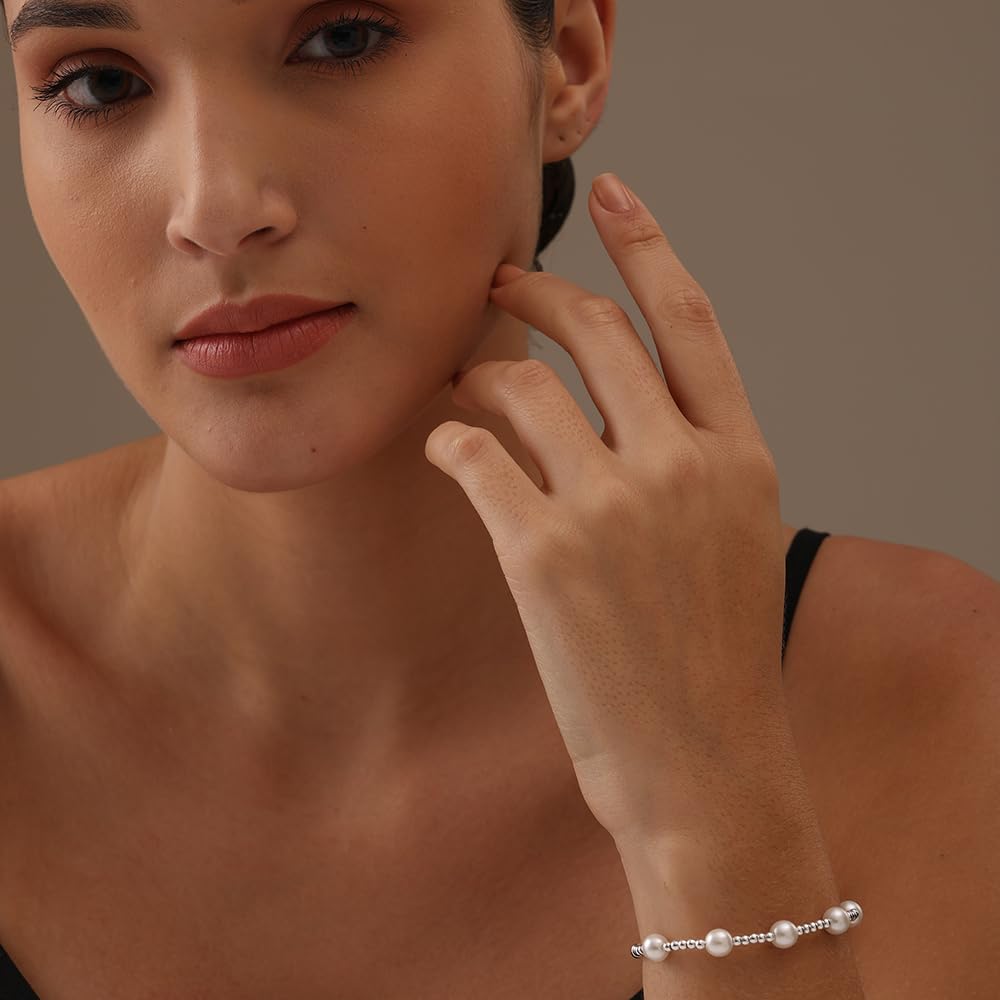 LeCalla 925 Sterling Silver Pearl Bracelets for Women | Adjustable Slider Simulated Pearl Beaded Bolo Bracelet Jewelry Gifts for Mom Wife