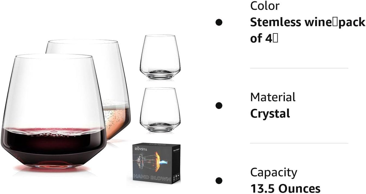 Stemless Wine Glasses Set of 4 13.5oz, Hand Blown Red White Wine Glasses Unique Gifts for Him Her for Birthday, Wedding, Christmas, Anniversary