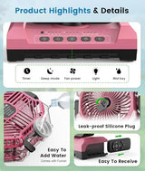 Misting Fan - Pink Portable Rechargeable Fan with 9oz Water Tank, Light, Hook - Versatile, 120H MAX Cooling, Last 5H Mist, 4 Speed, Sleep Mode - Outdoor Fans for Camping, Travel, Patios