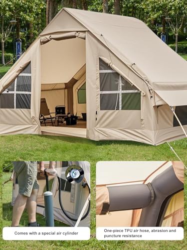 Inflatable Camping Tent, 2/4/6/8 Person Glamping Inflatable Tents for Camping, 2025 Update Zipper Door Easy Setup Blow Up Tents Big House with Rainfly&Mosquito Screen, 4 Season