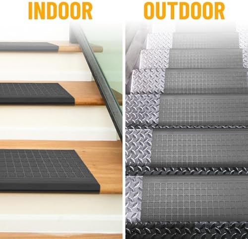 Ottomanson Indoor/Outdoor Hose-Wash Square Edge Design Non-Slip Rubber 10" x 25.5" Modern Stair Treads for Stairs, Garage, Patio, 5 Pack, Black