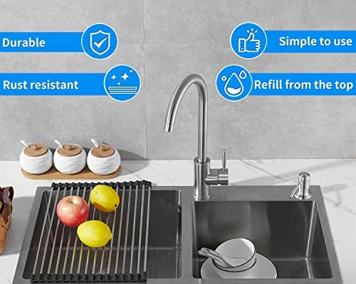 Built in Soap Dispenser for Kitchen Sink, Brushed Nickel Stainless Steel Countertop Pump Head (Plastic Built-in), Dish Soap Hand Lotion Dispenser with Refillable 17OZ Bottle