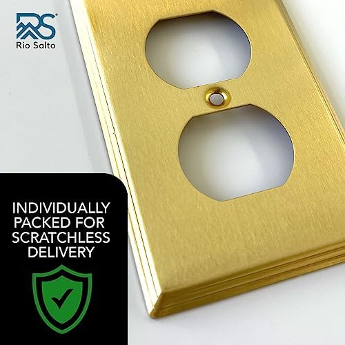 Rio Salto BRASS Gold Metal Outlet Cover or Decorative Light Switch Cover Wall Plate Single Duplex Receptacle Wallplate Covers 1 Gang 4.50" x 2.76" 5-Pack Standard Size Modern Metal Brushed Brass