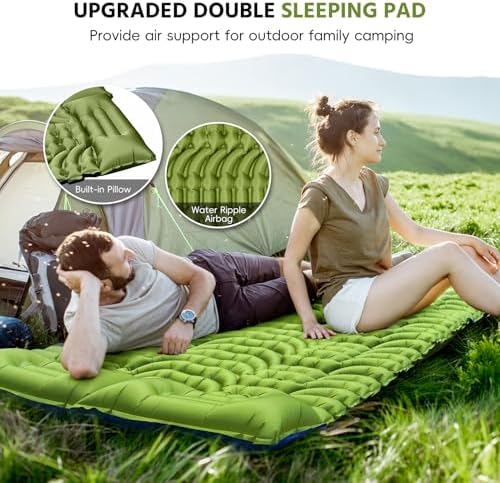 Double Sleeping Pad for Camping, Self Inflating 4" Extra Thick Camping Sleeping Pad for 2 Person with Pillow, Built-in Foot Pump, Portable Sleeping Mat for Backpacking, Hiking, Travel Tent