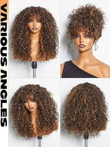 GORGIUS Highlight Brown Curly Wig with Bangs Glueless Synthetic Bang Wigs with Realistic Scalp Put On ang Go Beginner Friendly 20 Inch