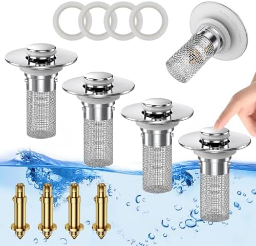 Bathroom Sink Stopper Hair Catcher, Pop-up Sink Drain Strainer with Removable Stainless Steel Strainer Basket Hair Catcher, Bathroom Sink Strainer for Stopper Replacement.(4PCS)