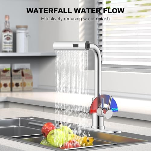 Single Hole Kitchen Faucets with Pull Down Sprayer in Chrome, Single Handle, High Flow Water, Pull Out Tap, Stainless Steel Sink Faucet, Suitable for Farmhouse Camper Laundry Rv Bar