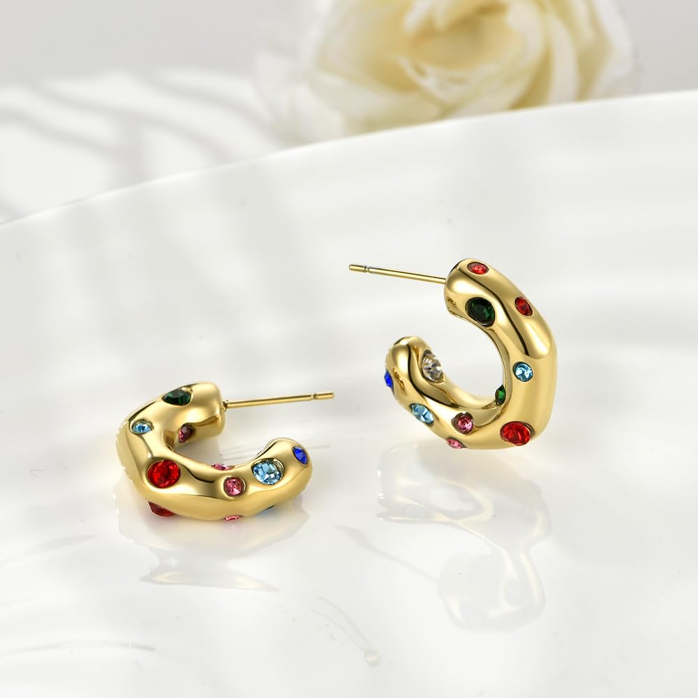 FRUMOS 14K Gold Huggie Hoops 925 Silver Post Colorful CZ Earrings for Women