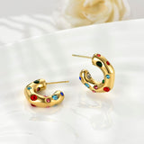 FRUMOS 14K Gold Huggie Hoops 925 Silver Post Colorful CZ Earrings for Women