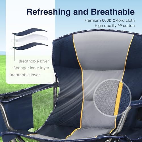 Oversized Portable Camping Folding Chair, Heavy Duty Foldable Outdoor Chair, Camp Chair with Cup Holder and Cooler Bag for Camp, Travel, Support 450 LBS, 2 Pack(Blue)…