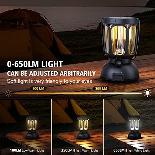 Raynic 6000 LED Camping Lantern Rechargeable, 650LM Hand Crank Solar Camping Light, Portable Battery Powered Lantern for Emergency, Power Outage, Hurricane, Outdoors